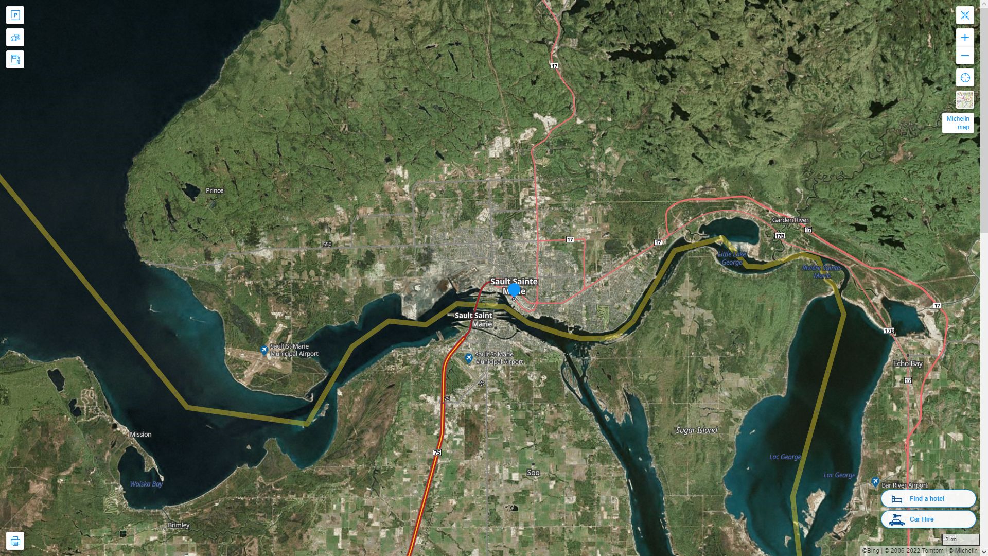 Sault Ste. Marie Canada Autoroute et carte routiere avec vue satellite